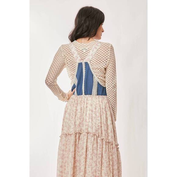 NEW DAVI & DANI denim with lace overall midi dress in pink floral - Picture 10 of 10